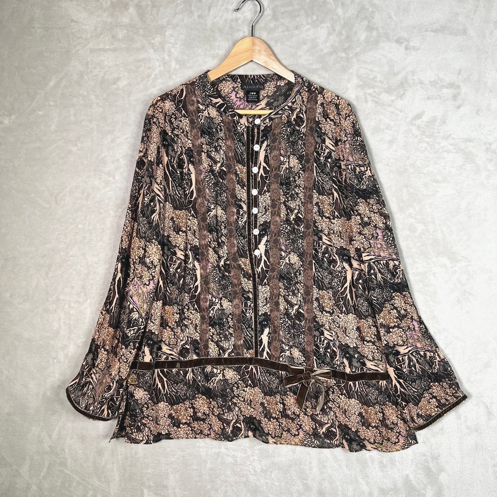 Adolfo 2X Woodland Botanical Floral Blouse Lace‎ Insets Velvet Tie Cottagecore